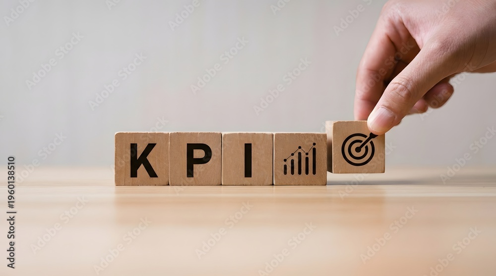 Naklejka premium Hand placing KPI wooden block on table for business performance and success strategy concept