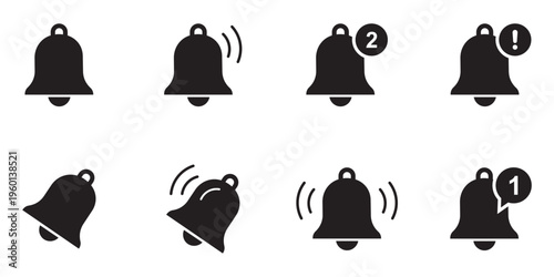 Notification bell icon set. Ringing notification bell icons, alarm and smartphone alert symbols, new message and reminder illustrations, shaking bell to notify, vector set, modern notification. 