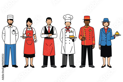 Diverse group of hospitality and service industry professionals standing together