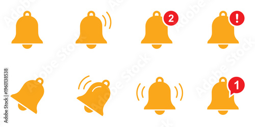 Notification bell icon set. Ringing notification bell icons, alarm and smartphone alert symbols, new message and reminder illustrations, shaking bell to notify, vector set, modern notification. 