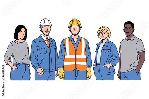 Diverse group of workers in safety gear and casual wear standing together