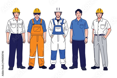 Five men in various work uniforms and safety gear standing in a line