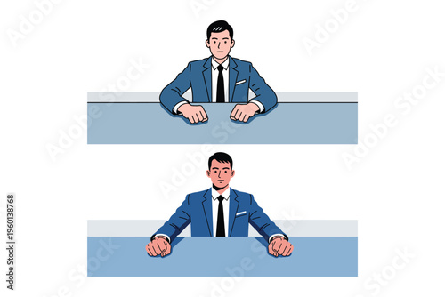 Illustration of two businessmen in blue suits at desks with contrasting expressions