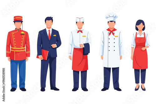 Five diverse professionals in various uniforms standing side by side