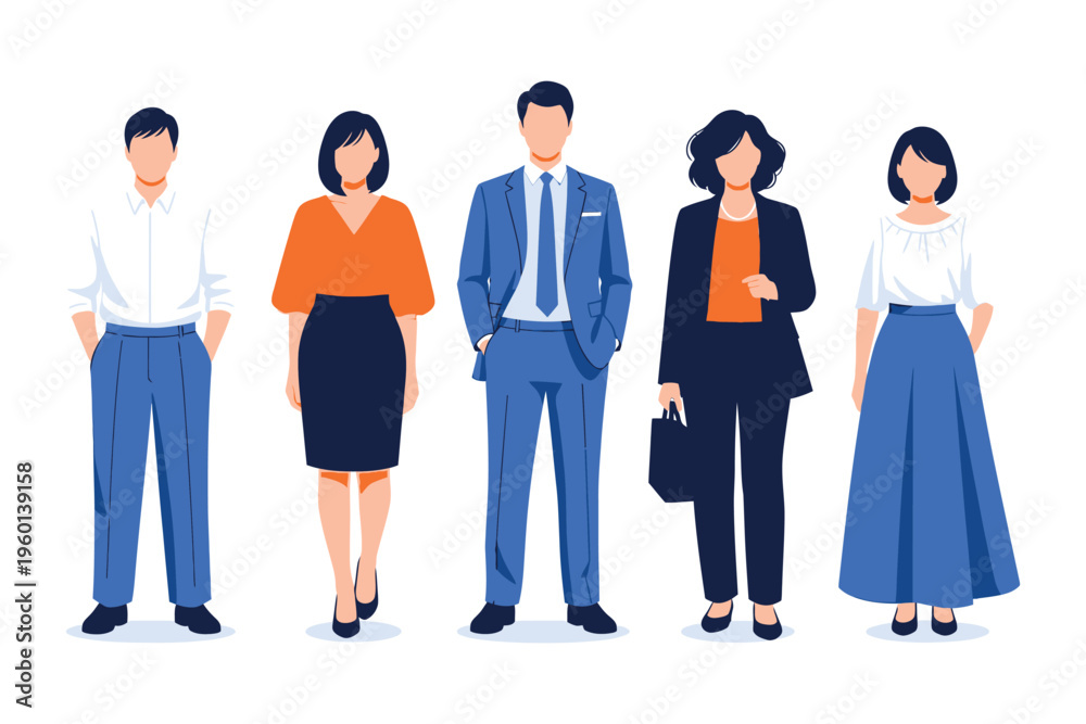 Fototapeta premium Illustration of five diverse business professionals standing in a row