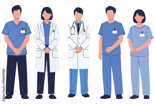 Medical professionals in various uniforms standing together