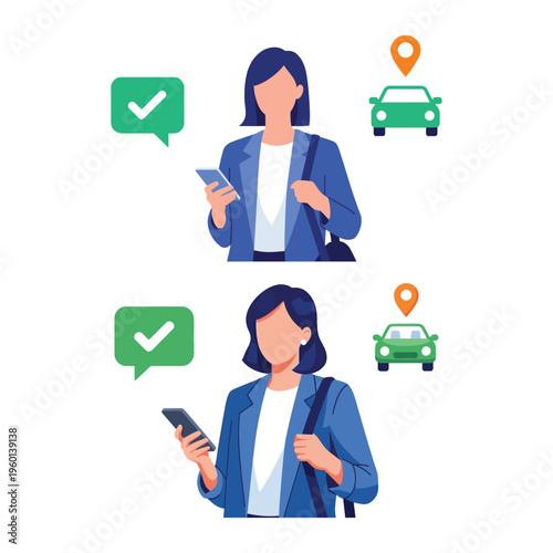 A woman interacts with her phone and checks a green car on a map