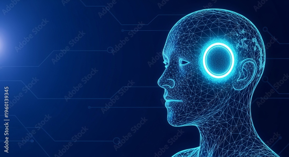 Obraz premium Futuristic AI Concept with Luminous Portal, Polygonal Design, and Modern Robotic Intelligence Model