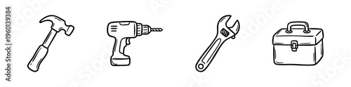 A set of hand-drawn doodle icons for construction repair, featuring a hammer, power drill, adjustable wrench, and a classic toolbox.
