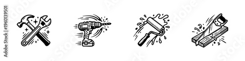 Dynamic hand-drawn icons of construction tools in action, featuring a hammer, wrench, power drill, paint roller, and saw with motion effects.