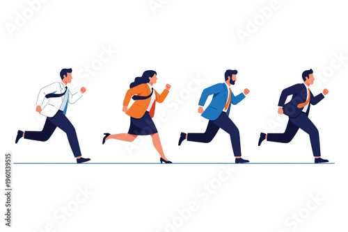 Business professionals running in a line conveying a sense of urgency and teamwork