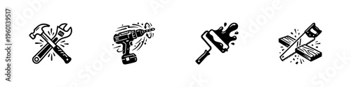 Dynamic hand-drawn icons of construction tools in action, featuring a hammer, wrench, power drill, paint roller, and saw with motion effects.