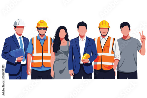 Diverse group of professionals in construction and business attire