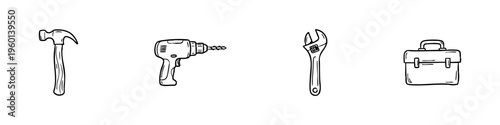 A set of hand-drawn doodle icons for construction repair, featuring a hammer, power drill, adjustable wrench, and a classic toolbox.