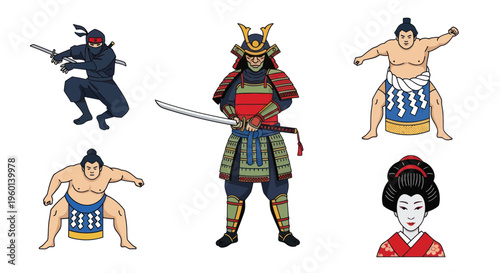 Japanese Warriors and Geisha Icons: Samurai, Ninja, Sumo Wrestlers, and Geisha Illustration
