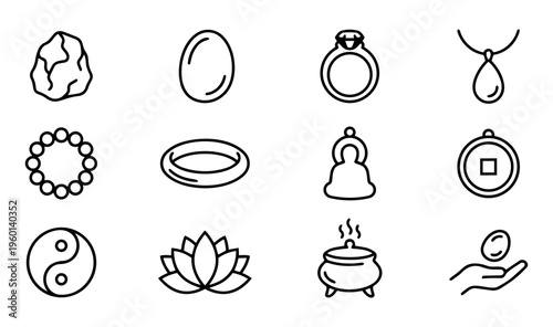 Jade Jewelry and Spiritual Symbols Line Icons – Elegant Gemstone Outline Set