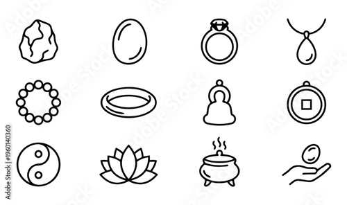 Jade Jewelry and Spiritual Symbols Line Icons – Elegant Gemstone Outline Set