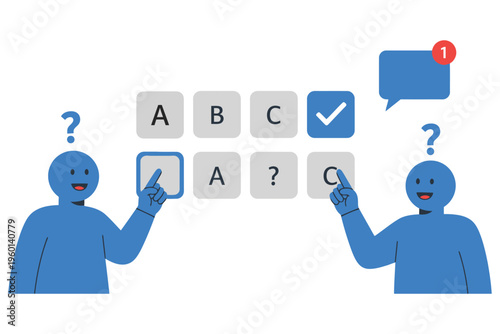Two blue human figures communicating with question marks and verification symbols