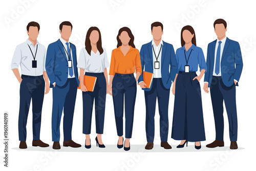 A group of seven business professionals standing together in formal attire