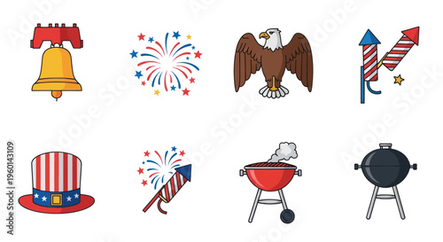 American Independence Day Icons: Eagle, Bell, Fireworks, BBQ, Uncle Sam Hat