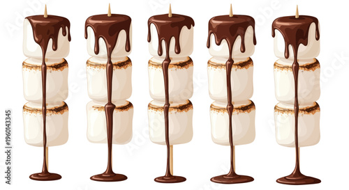 Five Skewers of Toasted Marshmallows Drizzled with Melted Chocolate