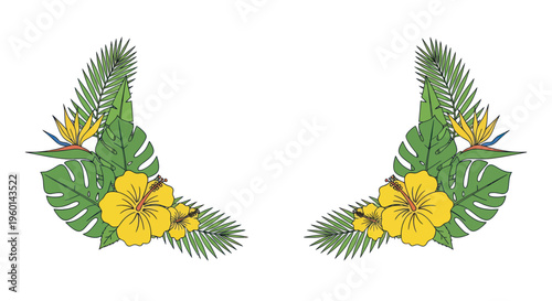 Tropical floral corner design with hibiscus and palm leaves