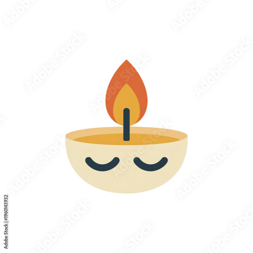 A flat vector illustration of a traditional clay oil lamp with a lit flame for diwali festival