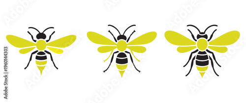 Three stylized bees with yellow and black markings are displayed in a simple graphic silhouette