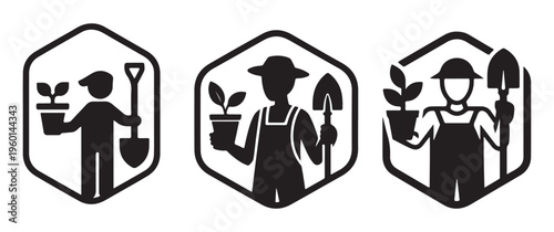 Three hexagonal frames showcase gardeners tending plants representing growth and agricultural work silhouette high quality professional