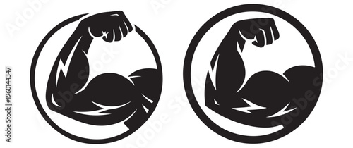 Two circular emblems depict strong flexed biceps showcasing physical power and determination silhouette high quality professional