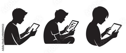 Three figures engrossed with mobile devices showcasing modern technology and connectivity in a stark silhouette