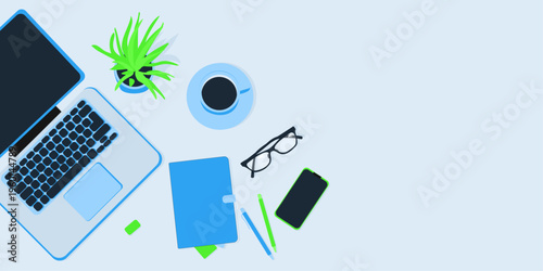 Home office desk flatlay blue colors space for text