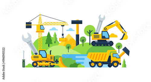 Construction Equipment and Tools on a Landscape Background Vector Illustration