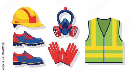 Construction Safety Gear Set: Hard Hat, Work Boots, Gas Mask, Gloves, Vest