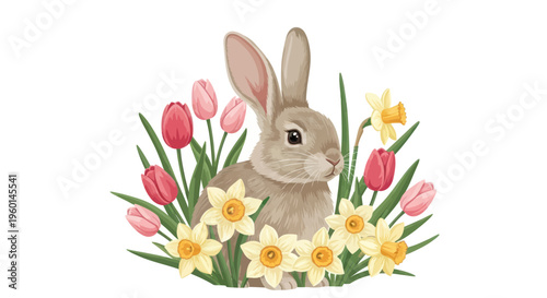 Cute Easter Bunny surrounded by Tulips and Daffodils, Springtime Floral Illustration