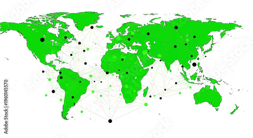 Global Network Map: Connected World with Green Continents and Nodes