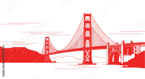 Golden Gate Bridge Silhouette in Red on White Background, San Francisco Landmark