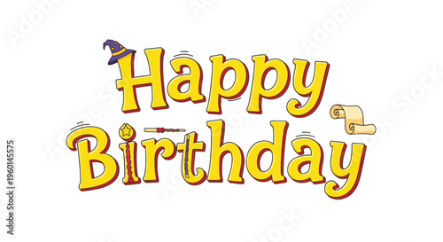 Happy Birthday Magical Wizard Hat and Wand Text Design