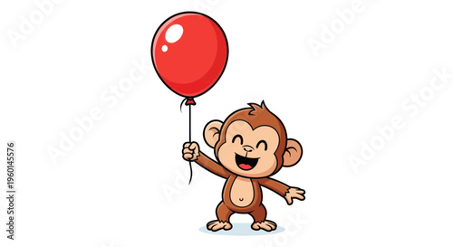 Happy Cartoon Monkey Holding Red Balloon - Cute Animal Illustration