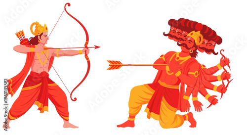 Lord Rama fights Ravana with bow and arrow, Hindu mythology illustration