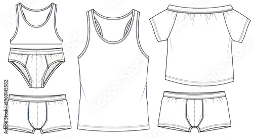 Mens Underwear Set Line Art: Tank Top, Briefs, Boxer Shorts