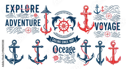 Nautical Adventure Voyage Icons: Anchors, Dolphins, Ship Wheels, Waves, Compass