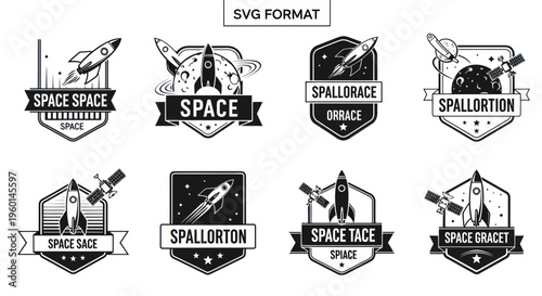 Retro Space Badges with Rockets, Planets, and Satellites - SVG Format