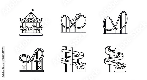 Amusement Park Ride Icons: Carousel, Roller Coasters, Water Slides