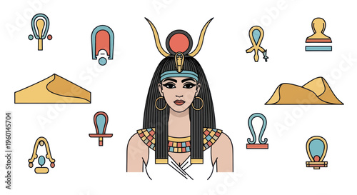 Ancient Egyptian Goddess Isis Portrait with Hieroglyphs and Desert Landscape