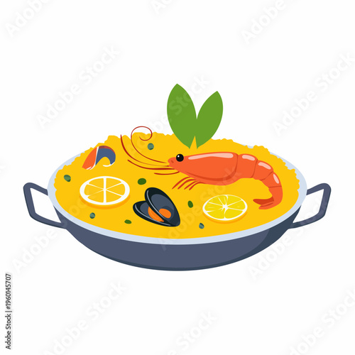 Illustrated depiction of a traditional meal featuring seafood and rice