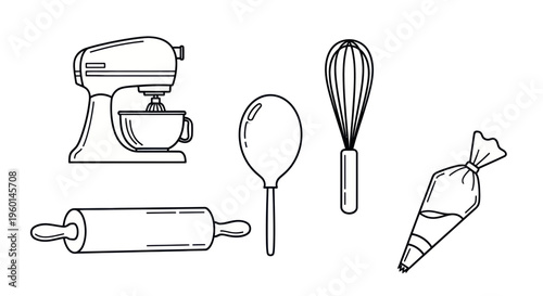 Baking Tools Collection: Stand Mixer, Whisk, Rolling Pin, Piping Bag & Spoon Icons