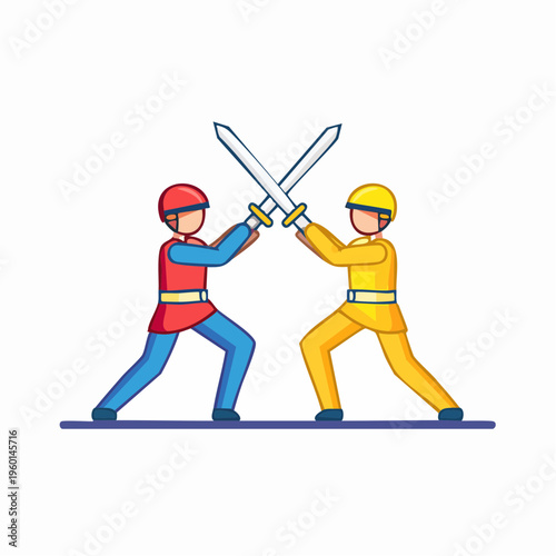 Two cartoon figures in a sword fight