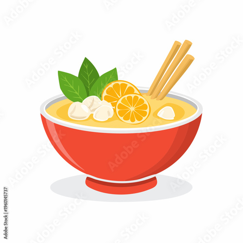 Bowl of flavorful soup garnished with mint leaves, orange slices, dumplings, and wooden sticks.