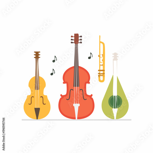 Illustration of musical instruments, cello, trumpet, and lute, musical notes